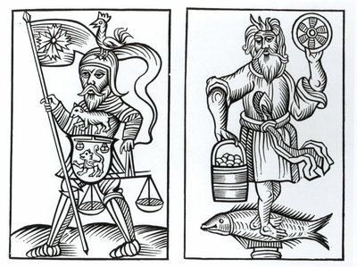 Hermensul eller Irmensul (til venstre) og Crodon (til høyre) avguder fra de gamle sakserne, etter et tresnitt i Annales Circuli Westphaliae av Herman Stangefol, utgitt 1656 av German School