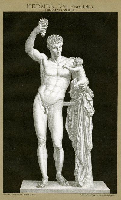 Hermes og spedbarnet Dionysos tilskrevet Praxiteles ca. 1895 (fargekromolitografi) av German School