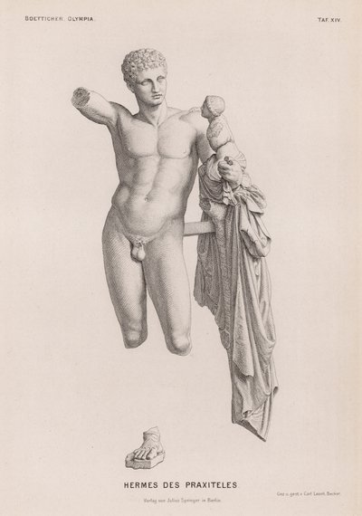 Hermes and the Infant Dionysus , skulptur tilskrevet Praxiteles gravd ut i Olympia, Hellas (gravering) av German School
