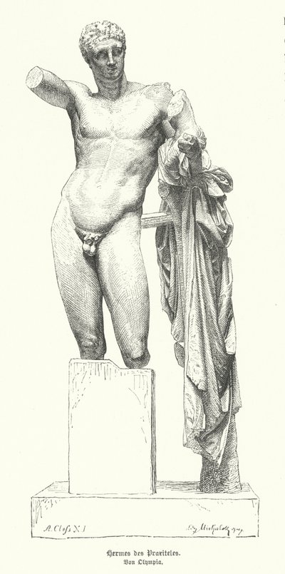 Hermes and the Infant Dionysus, statue av den antikke greske billedhuggeren Praxiteles oppdaget i ruinene av Temple of Hera, Olympia (gravering) av German School