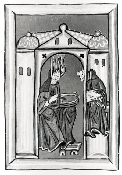 Hildegard av Bingen mottar lyset fra himmelen, ca. 1151 (vellum) (s/hvitt foto) av German School