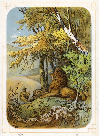 Jeger som nærmer seg løve (farge litho) av German School