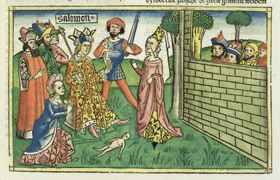 I Kongebok 3 16-28 Salomos dom, fra Nürnbergbibelen (Biblia Sacra Germanaica) (farget tresnitt) av German School