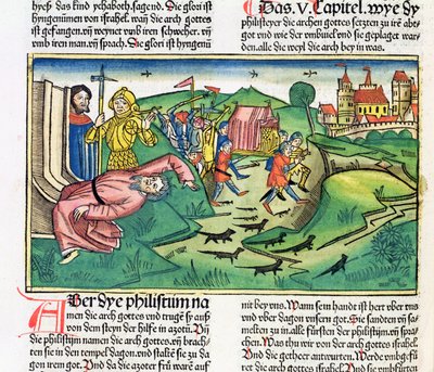 I Samuel 5:1-11 Filisterne griper arken og blir rammet av pesten, fra Nürnbergbibelen (Biblia Sacra Germanaica) (farget tresnitt) av German School