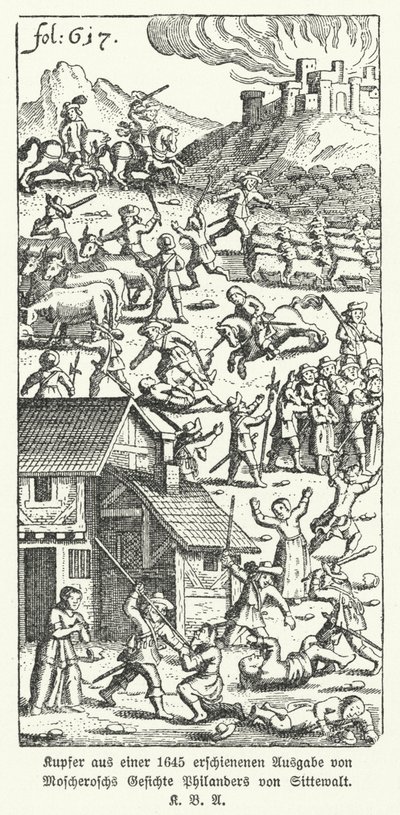 Illustrasjon fra en 1645-utgave av den tyske forfatteren Johann Michael Moscheroschs satiriske verk Wondrous and True Visions of Philander von Sittewald (litho) av German School