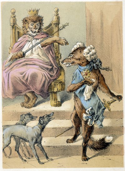 Illustrasjon av Franz Hoffmanns fortellinger "" Tales and Fables - The Fox": En rev som taler foran Løvenes Konge. Kromolitografi fra 1800-tallet. av German School