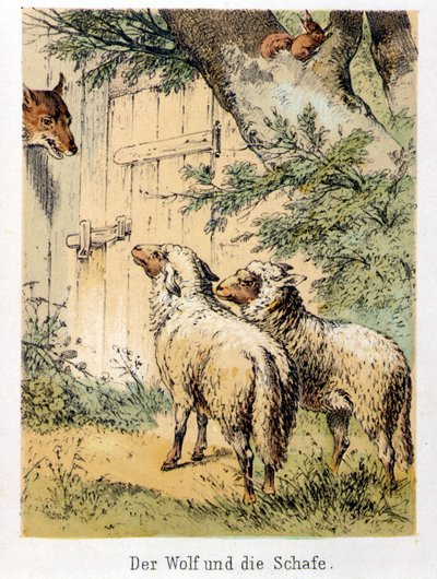 Illustrasjon av Franz Hoffmanns fortellinger "" Fortellinger og fabler - Ulven og sauene"": en ulv som snakker med de to sauene. Kromolitografi fra 1800-tallet. av German School