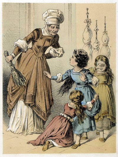 Illustrasjon av Franz Hoffmanns fortellinger "" Tales et Fables - Les 3 Gifts"": en kvinne misbrukte de 3 jentene. Kromolitografi fra 1800-tallet. av German School