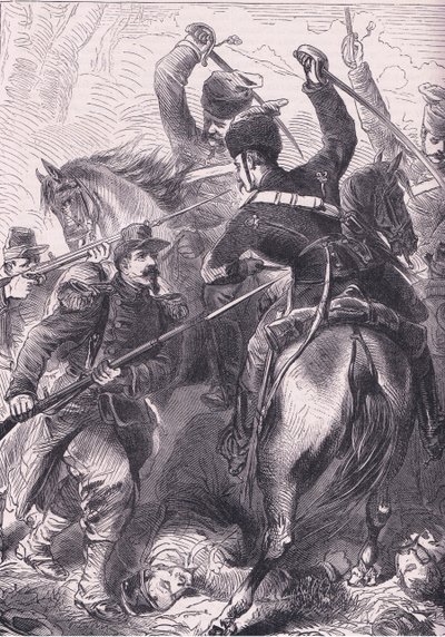 I slaget ved Dreux, Cassells historie om krigen mellom Frankrike og Tyskland utgitt av Cassell and Company Limited, ca. 1890 (litho) av German School