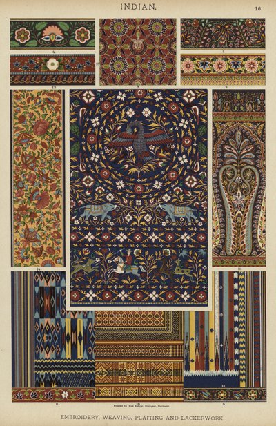 Indisk, broderi, veving, fletting og lakkerarbeid (litho i farger) av German School