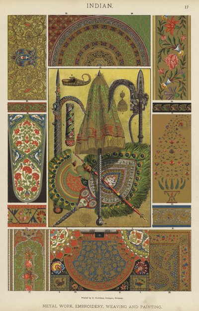 Indisk, metallarbeid, broderi, veving og maling (farge litho) av German School