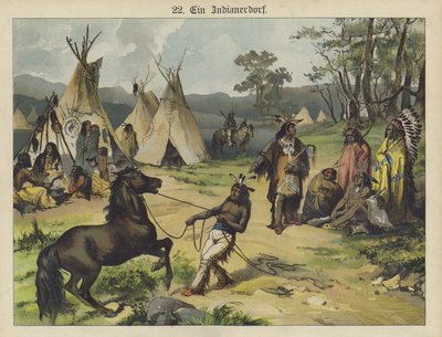 Indisk leir, Amerika (farge litho) av German School
