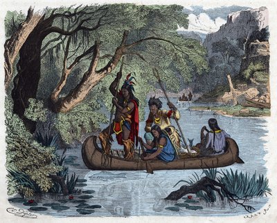 Indianere som fisker ombord i en kano på en elv i Amerika. I "" Wenn Jemand eine Reise thut, so kann er was erzahlen"" (Når noen reiser, dette er det han kan fortelle), tysk fortelling av Franz Wiedemann av German School