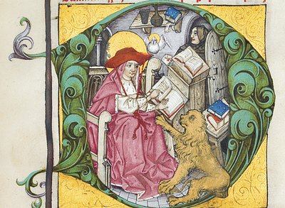 Initial D fra The Letters of Hieronymus Jeromes brev og avhandlinger, redigert av Adrianus Brielis av German School