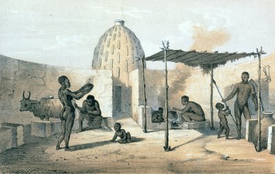 Interiør i en Musgu-bolig nær Tsjad, fra "Reiser i og oppdagelser i Nord- og Sentral-Afrika" av Dr Heinrich Barth (1821-65) (litho) av German School