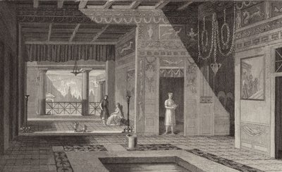 Interiør i et romersk hus i Pompeii. Illustrasjon for Bilder-Atlas (gravering) av German School