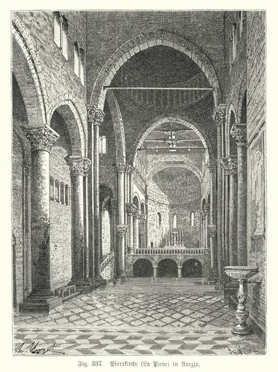 Interiør i kirken Santa Maria della Pieve, Arezzo, Italia (gravering) av German School
