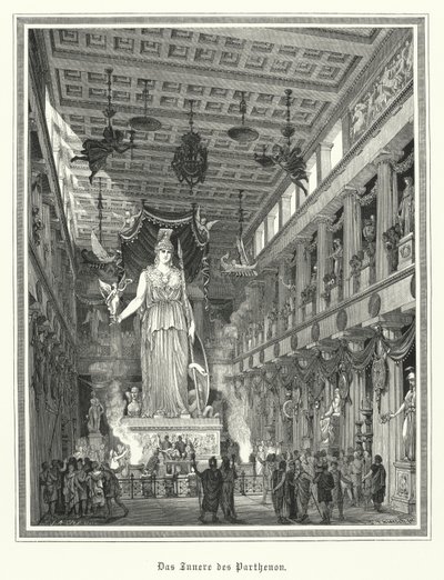 Interiør i Parthenon, Athen, med den kolossale statuen av den greske gudinnen Athena (gravering) av German School