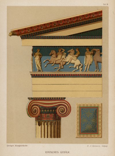 Ionisk entablatur, gammel gresk arkitektur (farge litho) av German School