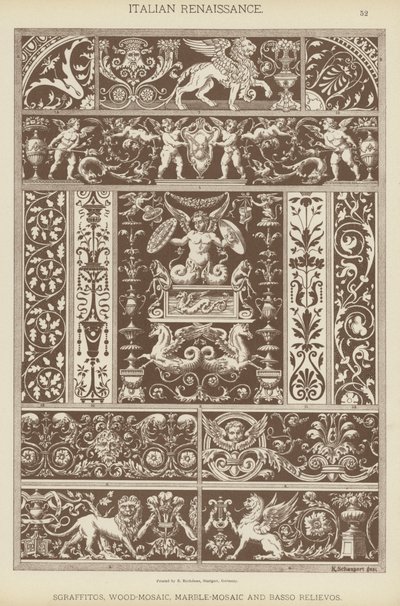 Italiensk renessanse, sgraffitos, tre-mosaikk, marmor-mosaikk og Basso Relievos (farge litho) av German School