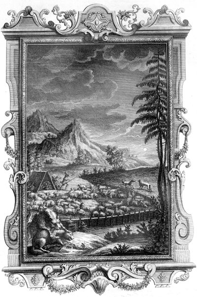 Jakob, den trofaste hyrden, beskyttet saueflokken sin mot angrep fra ulver, 1731 (kobberstikk) av German School