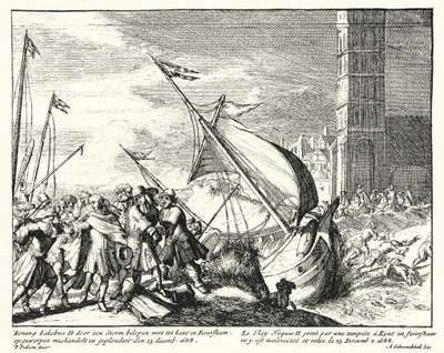 James II av England tatt til fange av fiskere i Faversham, Kent, mens han forsøkte å flykte til Frankrike av German School