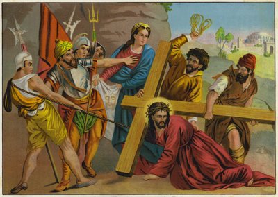 Jesus faller under vekten av korset sitt på vei til korsfestelsen (fargelitografi) av German School