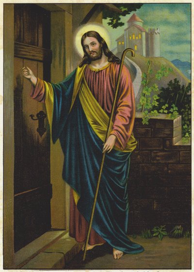 Jesus banker på døren til et hus (fargelitografi) av German School