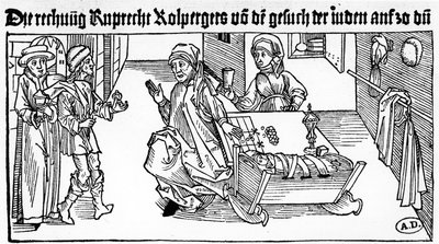 Jødisk pengeutlåner med familien sin som mottar kunder, 1491 (tregravering) av German School