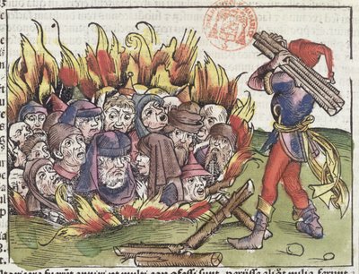 Jøder brent på bålet, fra Nürnberg-krøniken av Hartmann Schedel (1440-1514), 1493 (fargetresnitt) av German School