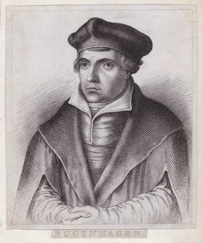 Johannes Bugenhagen (doktor Pomeranus), tysk prest og teolog som introduserer den protestantiske reformasjonen til Pommern og Danmark (gravering) av German School