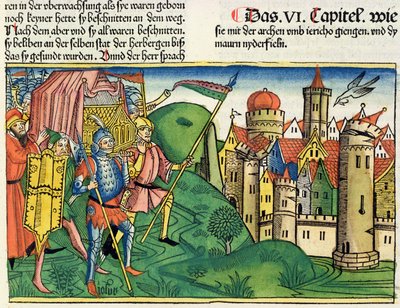 Josva 6 4-21 Jerikos fall, fra Nürnbergbibelen (Biblia Sacra Germanaica) (farget tresnitt) av German School