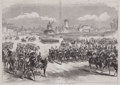 Kaiser Wilhelm I fra Tyskland ser på sin hærparade i Longchamp, Paris, Frankrike, mars 1871 (gravering) av German School