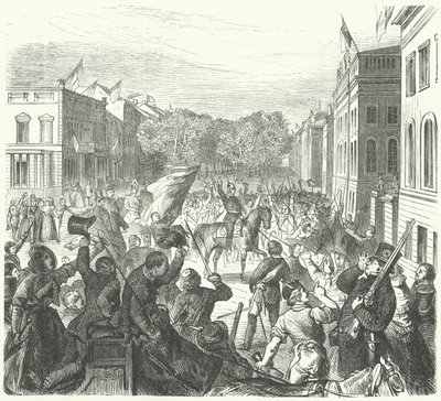 Kong Frederick William IV av Preussen rider forbi Berlin-universitetet på vei for å delta i en massebegravelse av sivile drept i opptøyer, 21. mars 1848 (gravering) av German School