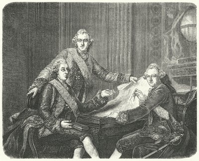 Kong Gustav III av Sverige i samråd med brødrene Charles og Frederick Adolf (gravering) av German School