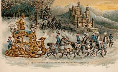 Kong Ludwig II av Bayern reiser til Neuschwanstein slott i en gyllen slede (chromolitho) av German School