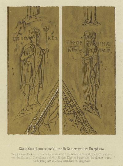 Kong Otto III og hans mor Theophania, keiserinnekonsort av Otto II, den hellige romerske keiseren (farge litho) av German School