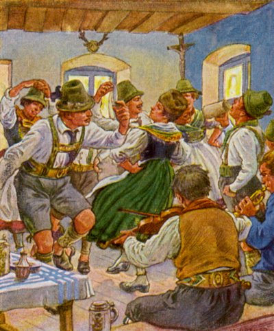 Kirchweihtanz / Kirkefestivaldans (farge litho) av German School