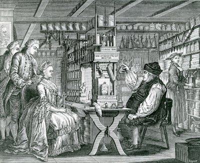 The Rustic Pharmacy, trykk laget av Bartolomaus Hubner (1727-1795), 1774 av German School
