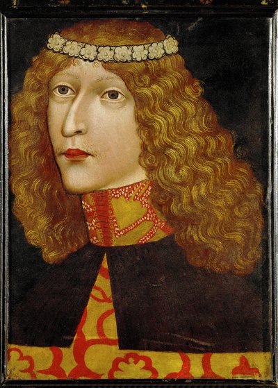 Ladislaus Postumus, konge av Ungarn og Böhmen, født 1440, fire måneder etter farens kong Albrecht IIs død … (pergament på tre) av German School