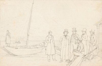 Lakeside scene med syv figurer av German School