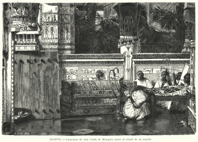 Klage over en enke ved siden av ektemannens kiste i Memphis, det gamle Egypt (litho) av German School