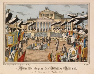 Nedlegging av grunnsteinen til Schiller-monumentet ved Gendarmenmarkt, Berlin, 10. november 1859, med Schauspielhaus i bakgrunnen, fra Neuruppiner Bilderbogen, utgitt av Oehmigle & Ri av German School