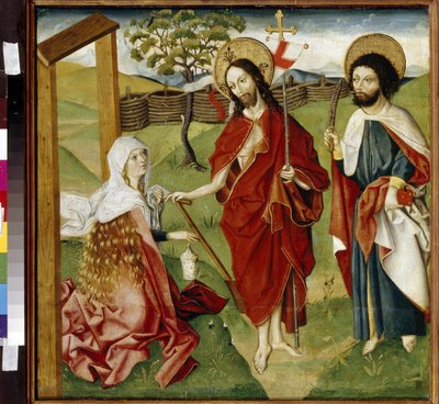 Le Christ, Marie Madeleine et Saint Barthelemy (ou Nathanael, apotre) (Christ, Mary Magdalene and Saint Bartholomew). Peut etre une representation de ""Noli me tangere"" : la vision du Christ ressuscite a Sainte Marie Madeleine. Jesus Christ tient un drape av German School