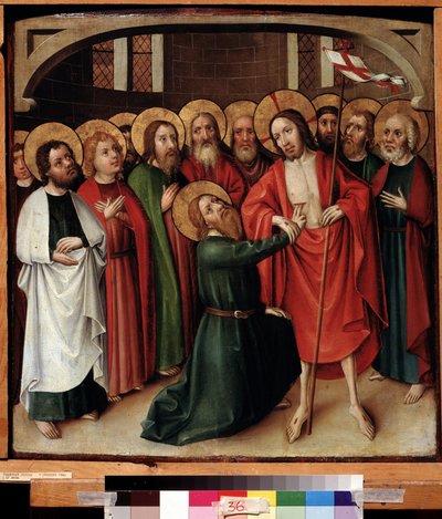 Vantroen til Saint Thomas. Jesus Kristus holder et hvitt flagg (standard) slått med et rødt kors og glorie er merket med et kors. Maleri av en schwabisk mester (aktiv rundt 1500). Olje på tre, 64 x 62 cm, v av German School