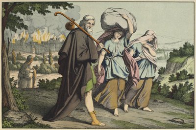 Lot og døtrene hans på flukt, illustrasjon fra LAncien Testament, utgitt av Jakob Ferdinand Schreiber, Esslingen (fargegravering) av German School