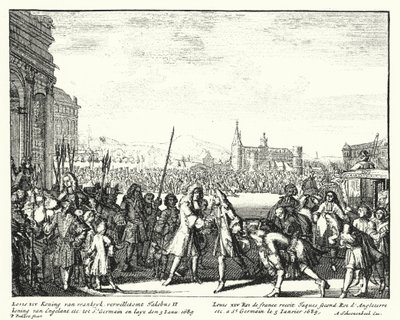 Louis XIV av Frankrike ønsker James II av England velkommen i eksil av German School