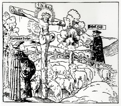 Luther (1483-1546) og Hus (1369-1415) med Kristus i sauefolden, ca. 1520-21 av German School