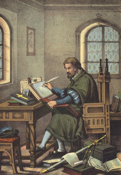 Luther forkledd som Junker Jorg i Wartburg-oversettelse av Det nye testamente (chromolitho) av German School