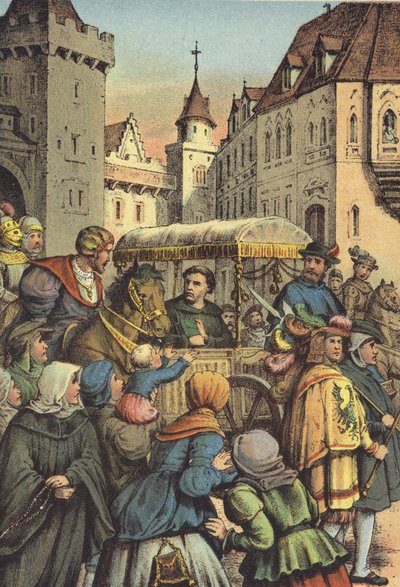 Luthers inntreden i Worms (chromolitho) av German School